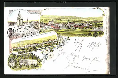 Lithographie Mähr. Weisskirchen, Hauptplatz mit Kirche u. Rathaus, Milit.-Oberreal- u. Cavall-Cadettenschule