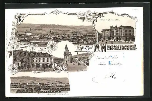 Lithographie Mähr. Weisskirchen, Hauptplatz, Höhere Forstlehranstalt, Ortsansicht