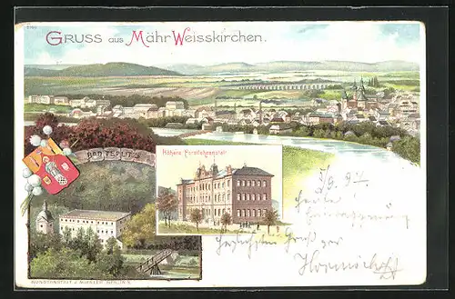 Lithographie Mähr. Weisskirchen, Bad Teplitz, Höhere Forstlehranstalt, Gesamtansicht