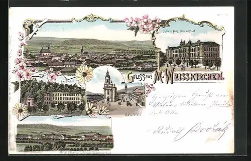 Lithographie Mähr. Weisskirchen, Bad Teplitz, Hauptplatz, Ortsansicht