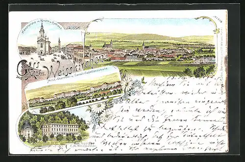 Lithographie Mähr. Weisskirchen, Hauptplatz mit Kirche u. Rathaus, Bad Teplitz, Gesamtansicht