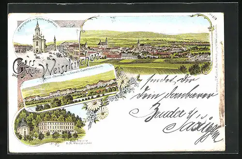 Lithographie Mähr. Weisskirchen, Hauptplatz mit Kirche u. Rathaus, Bad Teplitz, Gesamtansicht