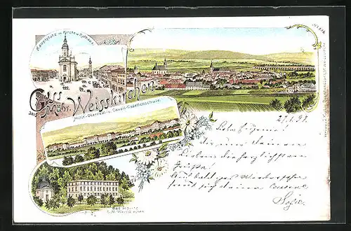 Lithographie Mähr. Weisskirchen, Milit.- Oberreal- u. Cavall.-Cadettenschule, Bad Teplitz