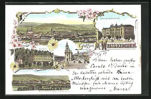 Lithographie Mähr. Weisskirchen, Hauptplatz, Bad Teplitz, Höhere Forstlehranstalt