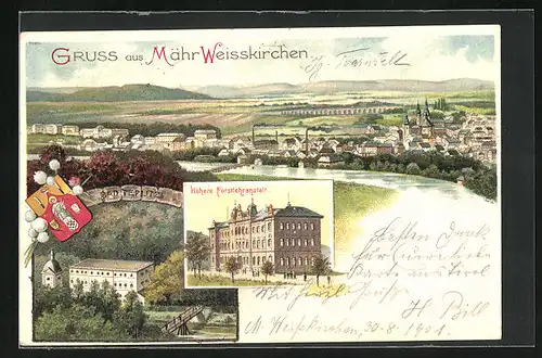 Lithographie Mähr. Weisskirchen, Bad Teplitz, Höhere Forstlehranstalt, Ortsansicht