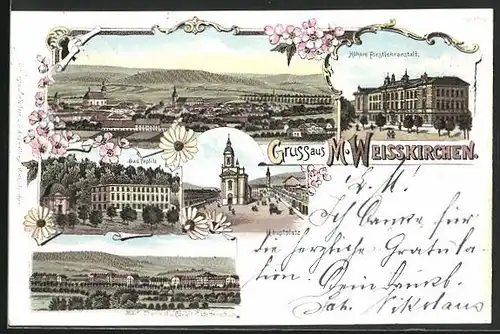 Lithographie Mähr. Weisskirchen, Bad Teplitz, Höhere Forstlehranstalt, Gesamtansicht