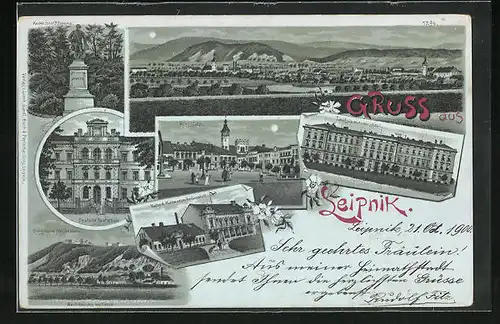 Mondschein-Lithographie Leipnik, Deutsche Realschule, Ringschule, Taubstummeninstitut