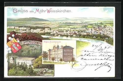 Lithographie Mähr. Weisskirchen, Bad Teplitz, Höhere Forstlehranstalt, Panorama