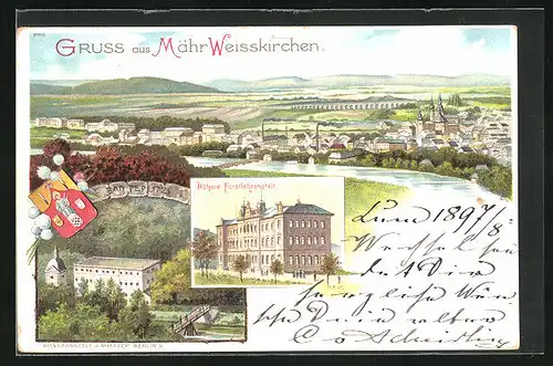 Lithographie Mähr. Weisskirchen, Höhere Forstlehranstalt, Bad Teplitz, Panorama