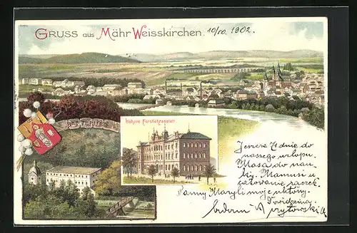 Lithographie Mähr. Weisskirchen, Höhere Forstlehranstalt, Bad Teplitz, Panorama