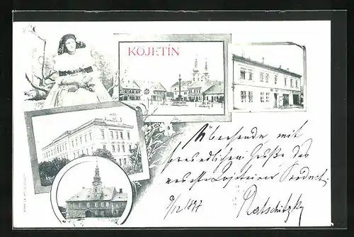 AK Kojetin, Platz mit Denkmal, Gebäudeansicht, Frau in Tracht
