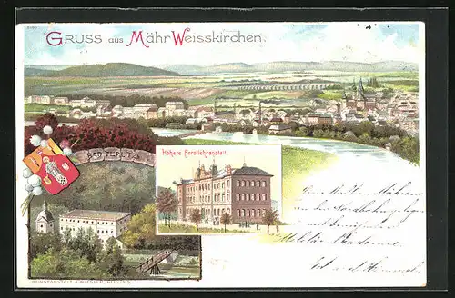 Lithographie Mähr. Weisskirchen, Höhere Forstlehranstalt, Bad Teplitz, Panorama