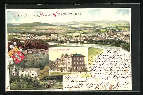 Lithographie Mähr. Weisskirchen, Bad Teplitz, Höhere Forstlehranstalt, Gesamtansicht