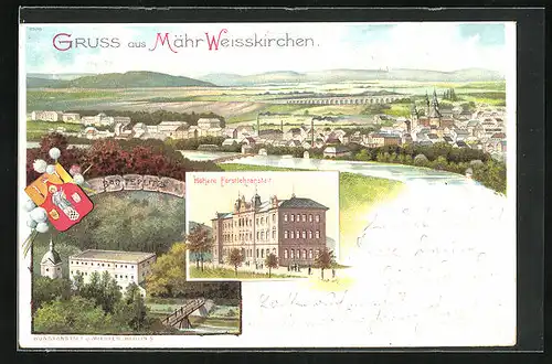 Lithographie Mähr. Weisskirchen, Höhere Forstlehranstalt, Bad Teplitz, Ortsansicht