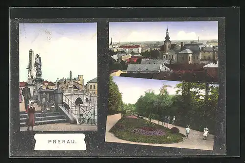 AK Prerau /Prerov, Denkmal an Brücke, Park, Totalansicht