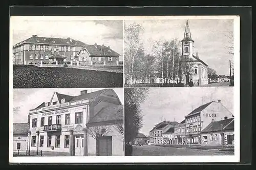 AK Brodek, Strassenpartie mit Geschäften, Kirche, Gebäudeansicht