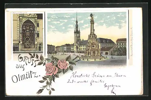 Lithographie Olmütz, Rathaus mit Dreifaltigkeitssäule, Astronomische Kunstuhr