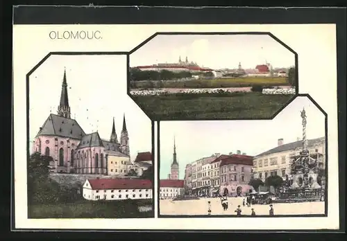 AK Olomouc, Kirche, Platz mit Denkmal, Ortspartie