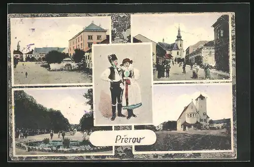 AK Prerov, Strassenpartie mit Gebäudeansicht, Kirche, Teich