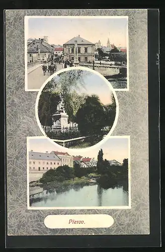 AK Prerov, Brücke mit Pferdewagen, Denkmal, Uferpartie