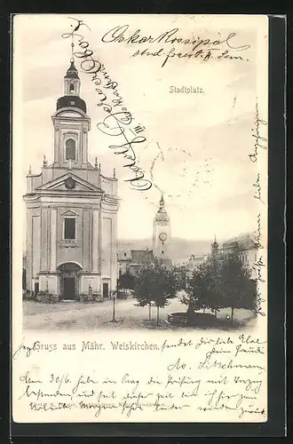 AK Mähr.-Weisskirchen, Stadtplatz mit Kirche