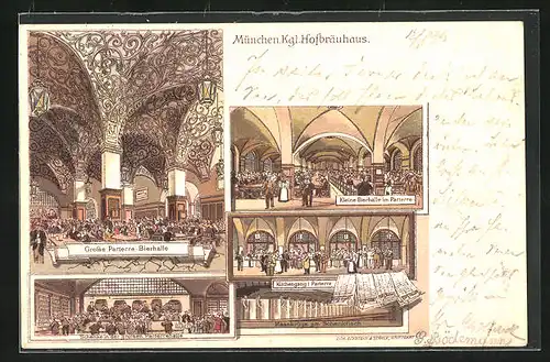 Lithographie München, Münchner Hofbräuhaus, Bierhalle, Küchengang