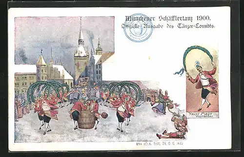 AK Münchener Schäfflertanz 1900, Vortänzer Xaver Mayr, Volkstanz