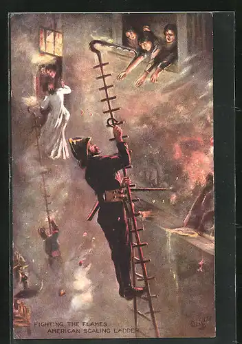 Künstler-AK Fighting the flames, American scaling ladder, Feuerwehr