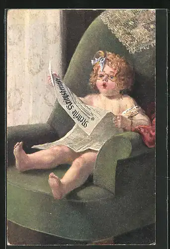 AK Kleinkind auf Sessel, die Zeitung lesend