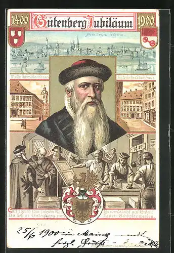Lithographie Mütterliches u. väterliches Stammhaus v. Gutenberg