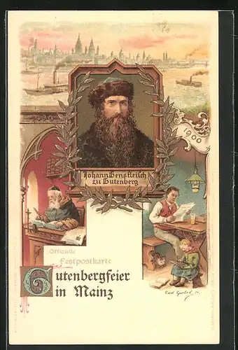 Lithographie Mainz, Gutenbergfeier 1900, Buchdruck, Panorama