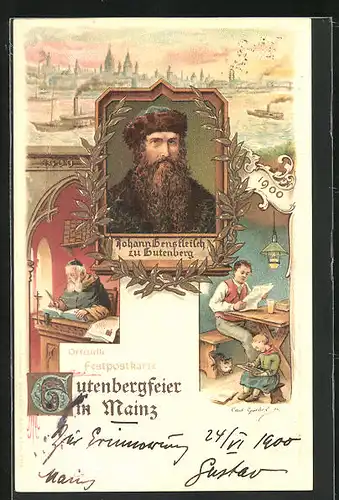 Lithographie Mainz, Gutenbergfeier 1900, Buchdruck, Panorama