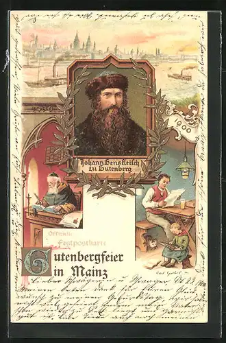 Lithographie Mainz, Gutenbergfeier 1900, Buchdruck, Panorama