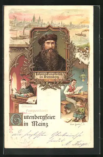 Lithographie Mainz, Gutenbergfeier 1900, Buchdruck, Panorama der Stadt