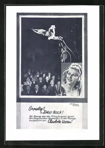 AK Zirkus Nock, Charlotte Ursan beim Sprung aus der Zirkuskuppel durch einen brennenden Feuerreifen