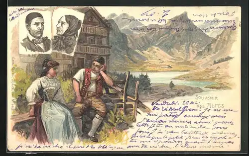 AK Schweiz, Paar in Tracht sitzt vor dem Haus in den Alpen, Portraits von Mann und Frau im Alter