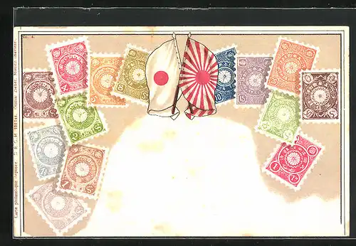 Künstler-AK Japan, Briefmarken und Flaggen