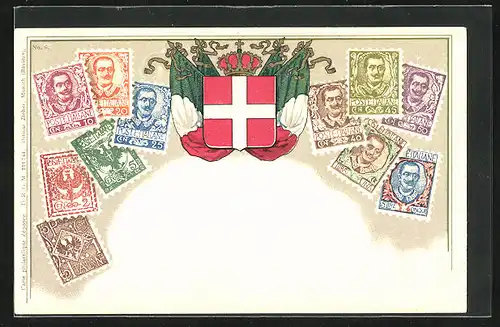 Lithographie Italien, Briefmarken und Wappen mit Fahnen