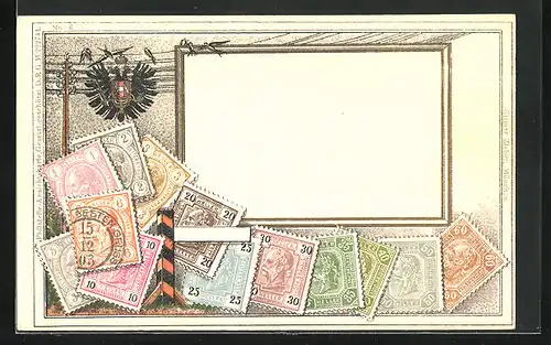 Künstler-AK Österreich, Briefmarken und Wappen, Vögel auf Telegraphenmast