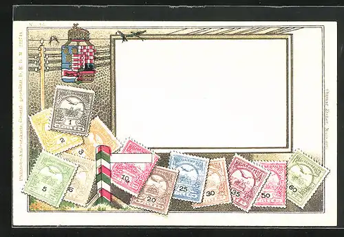 Künstler-AK Magyar, Briefmarken und Wappen, Vögel auf Telegraphenmast