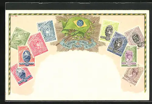 Lithographie Brazil, Briefmarken und Flagge