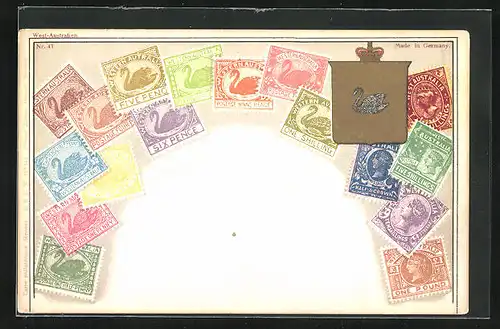 Künstler-AK West-Australien, Briefmarken und Wappen