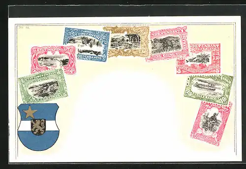Künstler-AK Congo, Briefmarken und Wappen