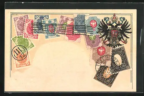 Lithographie Russland, Briefmarken und Wappen