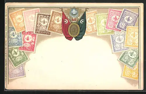 Lithographie Türkei, Briefmarken und Wappen mit Flaggen