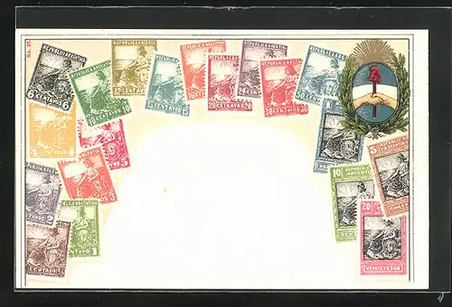 Lithographie Republica Argentina, Briefmarken und Wappen