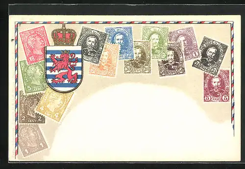 Künstler-AK Luxembourg, Briefmarken und Wappen