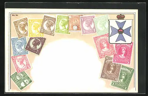 Künstler-AK Queensland, Briefmarken und Wappen
