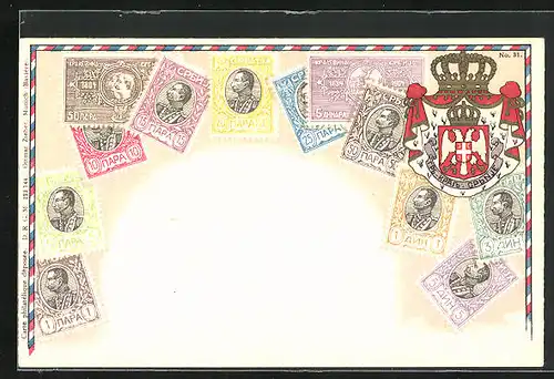 Lithographie Serbien, Briefmarken und Wappen