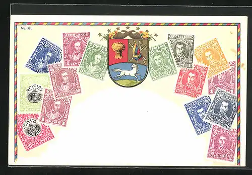Lithographie Venezuela, Briefmarken und Wappen